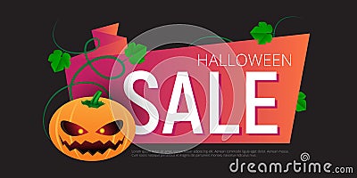 Happy Halloween Sale vector banner or sticker design template with leaves and pumpkin Vector Illustration