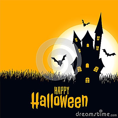Happy halloween scary card castle with moon and bats Vector Illustration