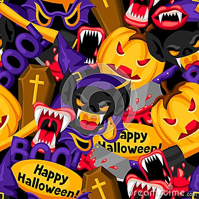 Happy Halloween seamless pattern with cartoon holiday symbols Vector Illustration