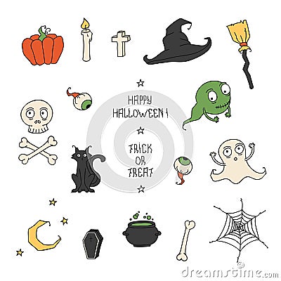 Happy Halloween. Set with pumpkins, skulls, cats, Vector Illustration