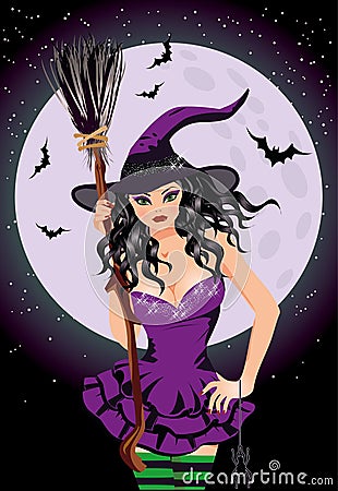 Happy Halloween. night witch with broomstick Vector Illustration