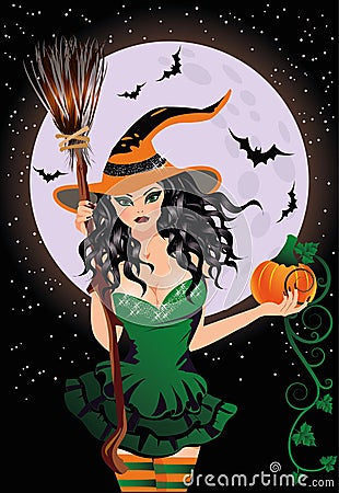 Happy Halloween. night witch with pumpkin Vector Illustration