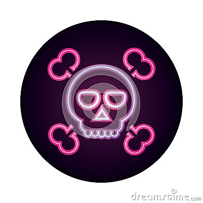 Happy halloween, skull crossed bones trick or treat party celebration neon icon style Vector Illustration