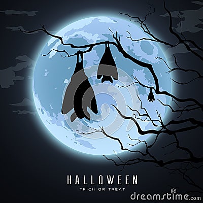 Happy Halloween, sleeping bat in tree on moon night Vector Illustration