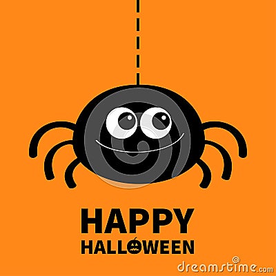 Happy Halloween. Spider icon. Hanging dash line web. Cute cartoon kawaii kids baby animal character. Black silhouette. Funny Vector Illustration