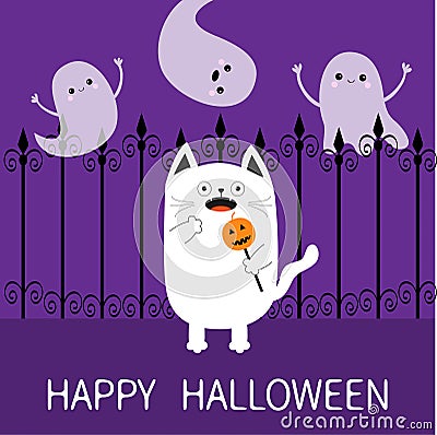 Happy Halloween. Spooky frightened cat holding pumpkin face on stick. Forged iron fence. Three flying ghosts hands up Boo. Funny C Vector Illustration