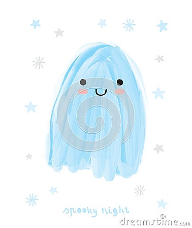 Funny Hand Drawn Halloween Vector Illustration with Sweet Blue Ghost. Vector Illustration