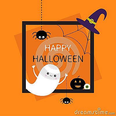 Happy Halloween. Square frame. Flying ghost, monster head silhouette. Black spider dash line. Pumpkin, eyeball, witch hat. Cute ca Vector Illustration