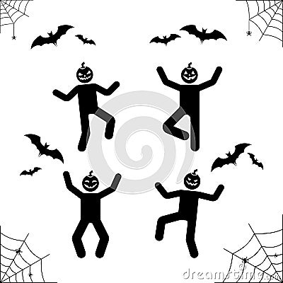 Happy Halloween stick figure pumpkin head pictogram. Vector illustration of web, bat, spider, stickman holiday icon. Vector Illustration