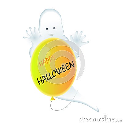 Happy halloween sticker with a friendly white ghost and a balloon Vector Illustration