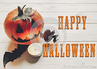 Happy halloween text. jack lantern pumpkin with witch ghost bats Stock Photo