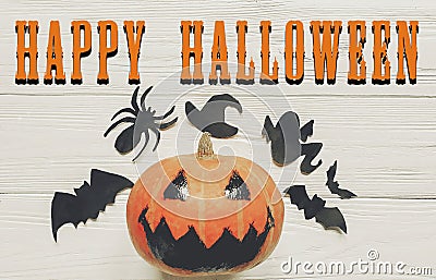 Happy halloween text. jack lantern pumpkin with witch ghost bats Stock Photo