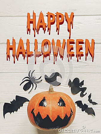 Happy halloween text. jack lantern pumpkin with witch ghost bats Stock Photo