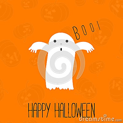 Happy Halloween text lettering with cute funny ghost on pumpkins background. Halloween background. Vector. Vector Illustration