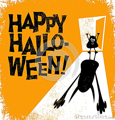Happy Halloween text with little zombie casting huge scary shadow. Vector Illustration