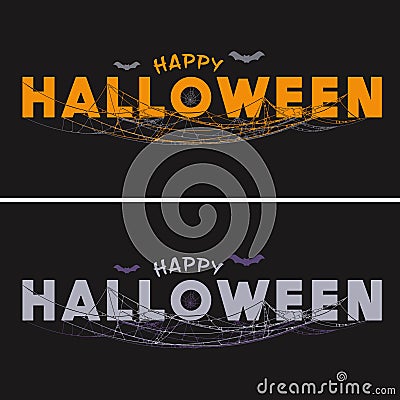 Happy Halloween Text With Spiderwebs and Bats Vector Illustration
