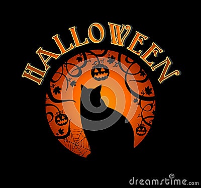 Happy Halloween text spooky forest and black cat EPS10 file. Vector Illustration