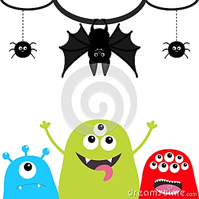 Happy Halloween. Three monster silhouette set. Head face. Hanging bat, spider insect on dash line web. Cute cartoon scary characte Vector Illustration