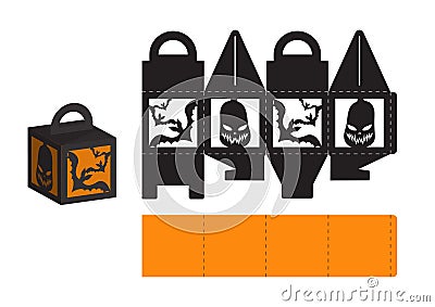 Happy Halloween treat box. Gift party favor box for sweets, candies, small presents, bakery. Simple packaging die cut template for Vector Illustration