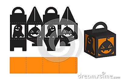 Happy Halloween treat box. Gift party favor box for sweets, candies, small presents, bakery. Simple packaging die cut Vector Illustration