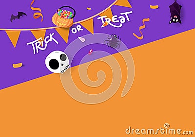 Happy Halloween, trick or treat, pumpkin, spider and bat with confetti ribbons, party invites decoration greeting card, autumn Vector Illustration