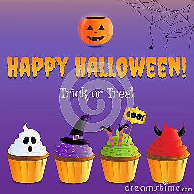 Happy Halloween trick or treat with scary cupcakes Cartoon Illustration