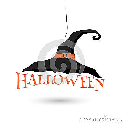 Happy Halloween typography text banner and large black witch hat cartoon Vector Illustration