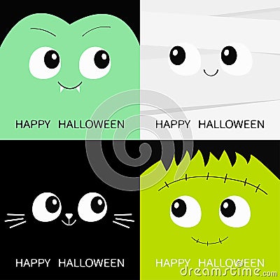 Happy Halloween. Vampire count Dracula, Mummy, black cat, zombie square face head icon set. Cute cartoon funny spooky baby charact Vector Illustration