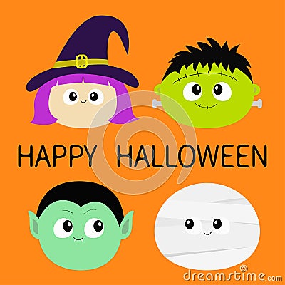 Happy Halloween. Vampire count Dracula, Mummy, whitch hat, Frankenstein zombie round face head icon set. Cute cartoon funny spooky Vector Illustration