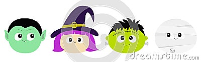 Happy Halloween. Vampire count Dracula, Mummy, whitch hat, zombie round face head icon set. Cute cartoon funny spooky baby charact Vector Illustration