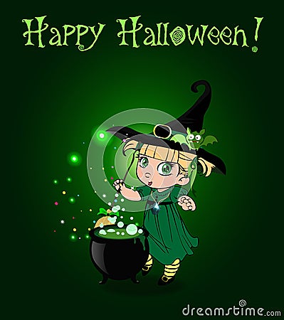 Happy halloween card with little witch girl with broom and cauldron on green background Vector Illustration