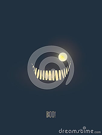 Happy halloween vector illustration card with monster smile glowing in the dark night, mouth full of scary teeth. Party Vector Illustration