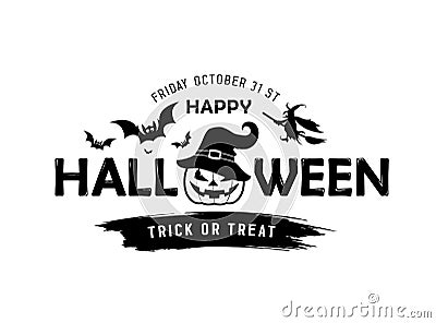 Happy Halloween vector message Pumpkin in a hat black and white design isolated Vector Illustration