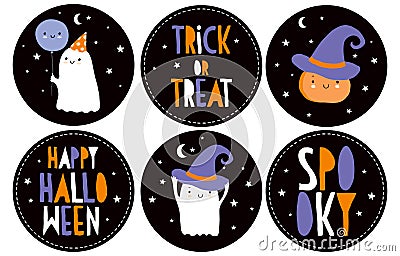 Happy Halloween Vector Stickers with Little Ghosts and Cute Pumpkin. Vector Illustration