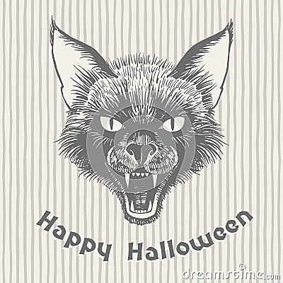 Happy Halloween vintage greeting card with black cat`s head Vector Illustration