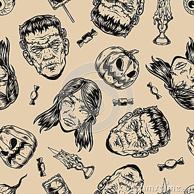 Happy Halloween vintage seamless pattern Vector Illustration