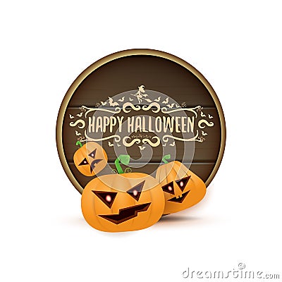 Happy Halloween web wooden board label with Halloween scary pumpkins isolated on white background . Funky kids Halloween Vector Illustration