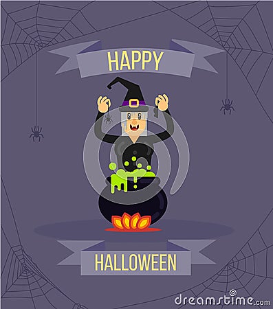 Happy Halloween Witch with a Cauldron and Spider Nets Vector Illustration