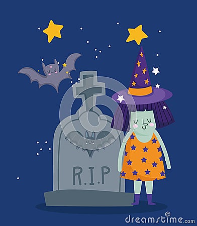 Happy halloween, witch costume tombstone bats night stars trick or treat party celebration Vector Illustration