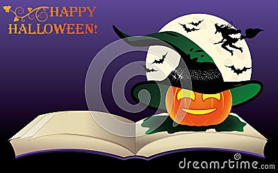 Happy Halloween. Witch old book and moon Vector Illustration