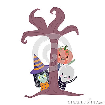 Happy halloween, witch skeleton pumpkin behind the tree trick or treat party celebration Vector Illustration