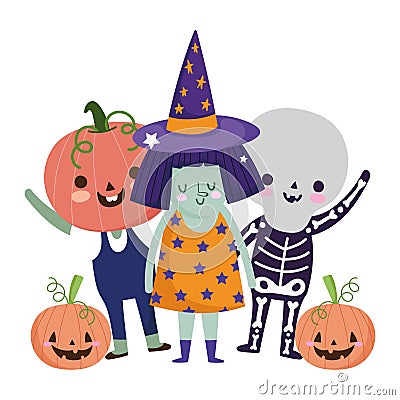 Happy halloween, witch skeleton and pumpkin costumes characters trick or treat party celebration Vector Illustration