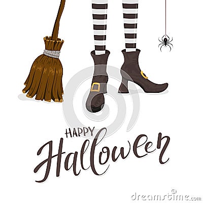 Happy Halloween with witches legs and broom Vector Illustration
