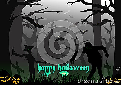 Happy Halloween Zombies Forest Skull Batmans Vector Illustration