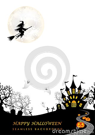 Happy Halloween Vector Seamless Background Illustration With The Moon, Cemetery, Ghosts, Bats, And Text Space. Vector Illustration