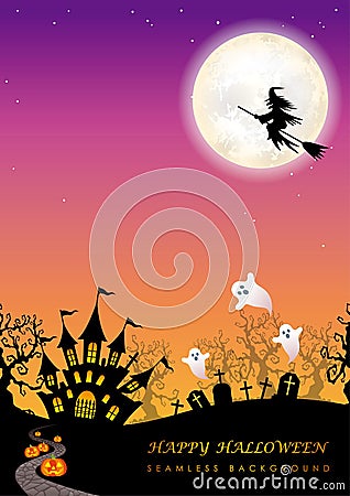 Happy Halloween Vector Seamless Background Illustration With The Moon, Cemetery, Ghosts, Bats, And Text Space. Vector Illustration