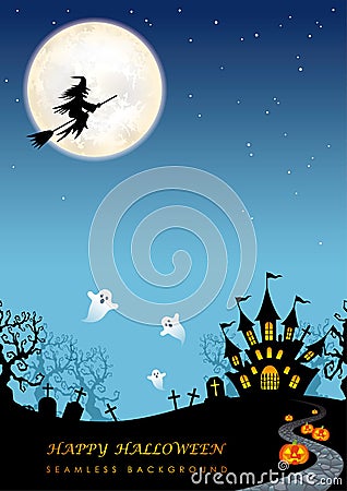 Happy Halloween Vector Seamless Background Illustration With The Moon, Cemetery, Ghosts, Bats, And Text Space. Vector Illustration