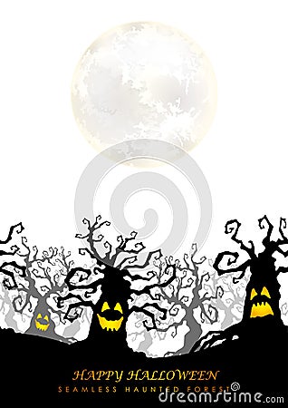 Happy Halloween Vector Seamless Background Illustration With The Moon, Cemetery, Ghosts, Bats, And Text Space. Vector Illustration