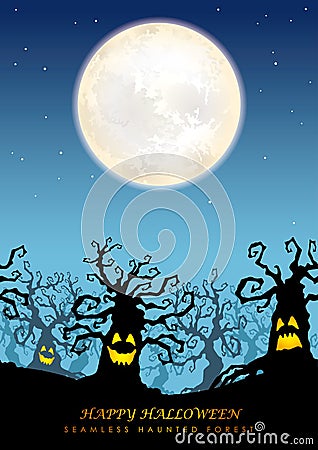Happy Halloween Vector Seamless Background Illustration With The Moon, Cemetery, Ghosts, Bats, And Text Space. Vector Illustration