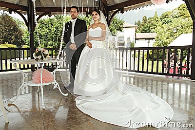 Happy handsome groom and beautiful bride in white dress in wedding arbor at ceremony Stock Photo